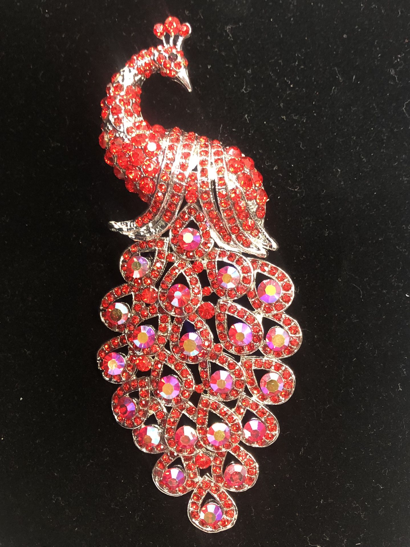 X-Large Peacock Brooch In Red Rhinestone 