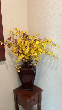 Burgundy Ceramic Vase with Faux Flowers
