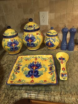 Beautiful yellow and blue Tuscan kitchen accessories: 3pc canister, fruit bowl, spoon rest etc.