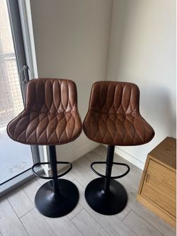 Set of 2 Leather Swivel Bar Stools - Adjustable Height