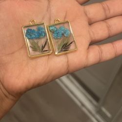 Gold Rectangle Earrings with Real Blue Dried Flowers