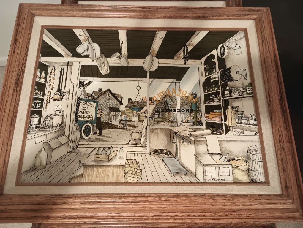 H Hargrove "Mercantile Groceries" Framed 20 1/4" x16 1/4” Painting