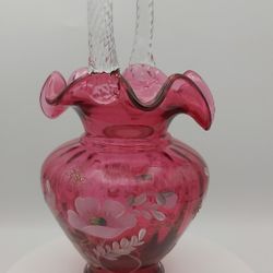 Gorgeous Vintage 95th Anniversary Handpainted & Signed Fenton Cranberry Glass Basket (Also Signed By Bill Fenton)