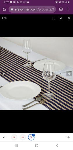 14"x108" Navy Blue Stripes Natural Burlap Table Runner