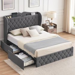 Queen Size  Bed Frame with 4 Storage Drawers and Charging Station, Velvet Upholstered Platform Bed with Tall Headboard and Storage Shelf, Gray