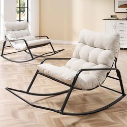 2pcs Patio Rocking Chair Set of 2 with Cushion, Papasan Chair with Footrest Cream White, Indoor & Outdoor Rocker Chair for Living Room, Bedroom, Patio