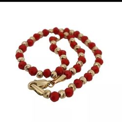 14k Yellow Gold Fashion Red And Gold Beaded Bracelet 7.5"