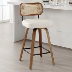 Julieza Swivel Upholstered Rattan Back Bar Stool