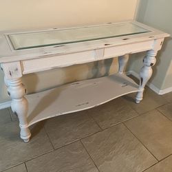 Distressed White Console Table with Glass Top – 50” x 19”