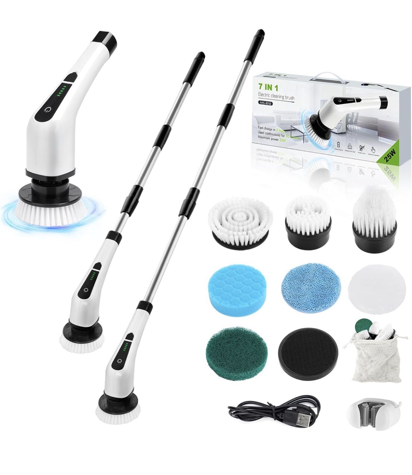 Electric Spin Scrubber, Cordless Bathroom Tub Scrubber with Long Handle & 7 Replaceable Cleaning Heads, Extension as Short Handle, Portable Power Show