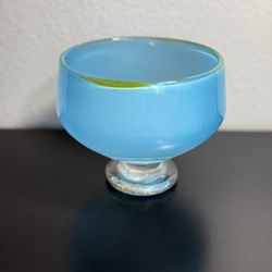 Vtg Murano Style Art Glass Footed Bowl Turquoise Blue Yellow Italian Hand Made!!
