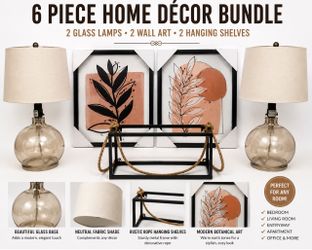 New 6-Piece Home Décor Bundle – 2 Glass Lamps, 2 Hanging Shelves & 2 Wall Art