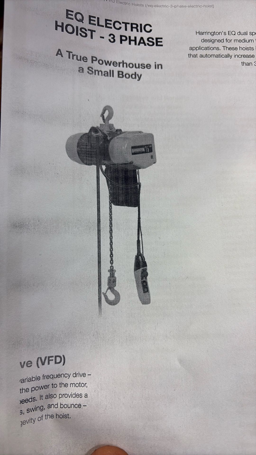 Harrington Electric Chain Hoist EQ-1121087 EQ-010SD 1-Ton 20ft Lift New In Box