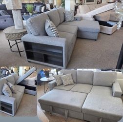 New Grey Sofa Chaise (Sleeper) with USB Charger and Storage