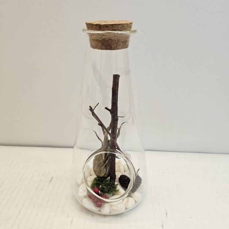 Small Decorative Glass Flask Terrarium (Artificial) – Cork Stopper – Cute Mini Décor!