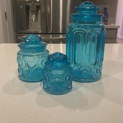L.e. Smith Blue Moon And Stars Vintage Glass Canister Set