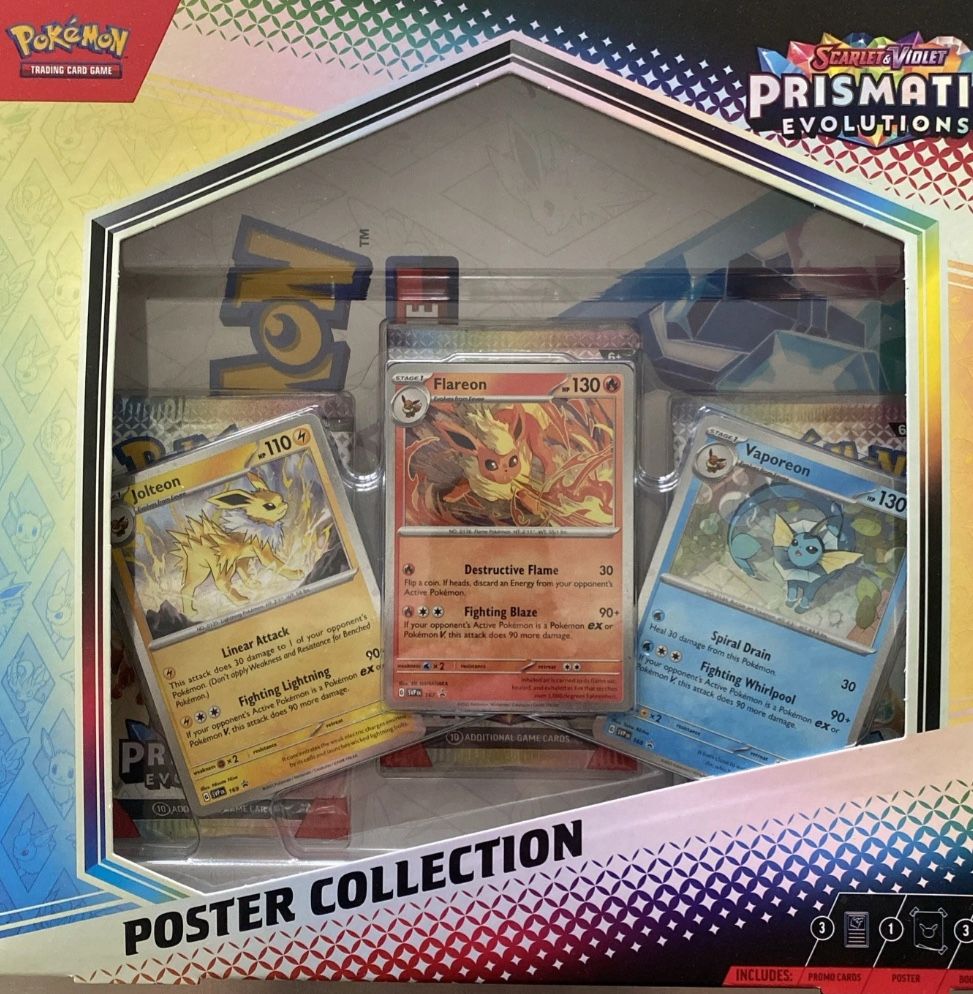Pokémon TCG Scarlet & Violet Prismatic pEvolutions Poster Collection Box is a special edition collectible box set featuring exclusive Prismatic