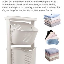 2-Tier Household Laundry Hamper Sorter, White Removable Laundry Baskets, Portable Rolling Freestanding Plastic Laundry Hamper with 4 Wheels for Organi
