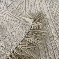 Vintage Crochet Afghan Throw Blanket 55”x52”Bohemian Retro Cream Boho Fringe