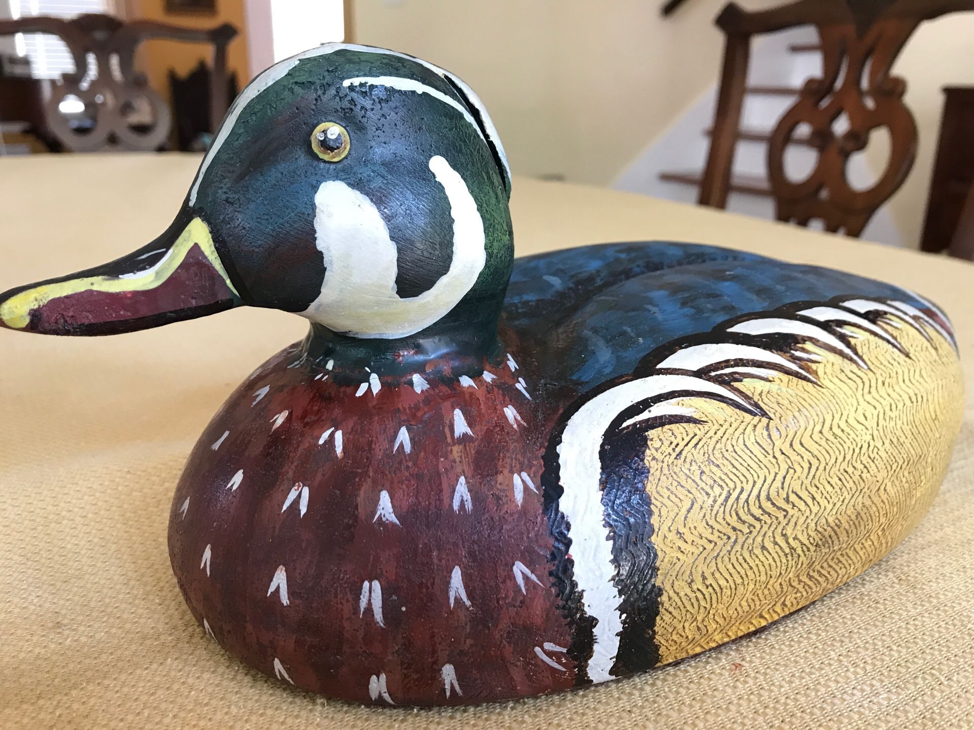 Vintage carved wood colorful Duck statue signed and dated by the artist