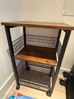 Rustic Wood & Black Metal Rolling Storage Cart
