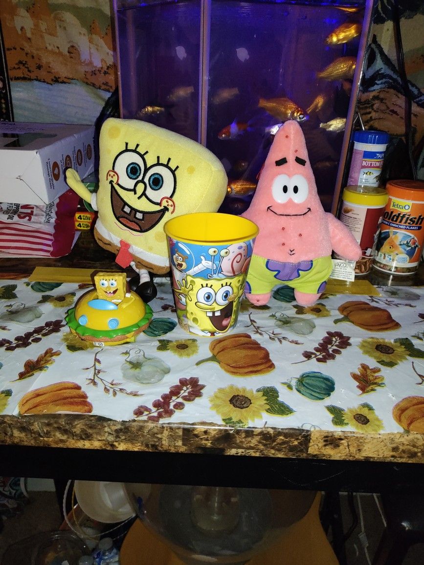 SpongeBob And Patrick. Two Plushies. One Drinking Cup And A Toy Car That Rolls. $3