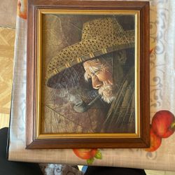GRISS CHINESE MAN SMOKING ORIGINAL ACRYLIC ON LEAF PAINTING