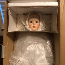 The Danbury Mint “A Christening” Porcelain Doll. See All Records Kept On This Doll 