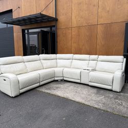 Free Delivery! Gearhart Leather Power Reclining Sectional w/ Console – White/Cream