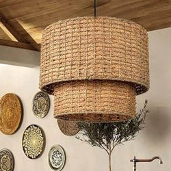 1-Light Rustic Woven Pendant Light Coastal Rattan Lampshade Hanging Lightning Fixture