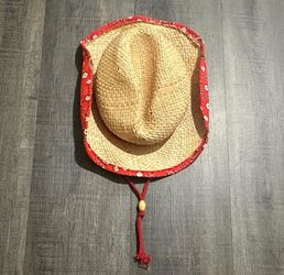 Kids Dress-up / Costume Straw Cowboy Hat with Red  Trim & Chin Strap