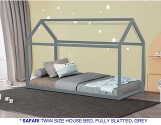 Twin house bed. Available in espresso, white, and gray. Assembly required. Assembly not included. Tax included. Free local delivery.  Bed only-$199 Be