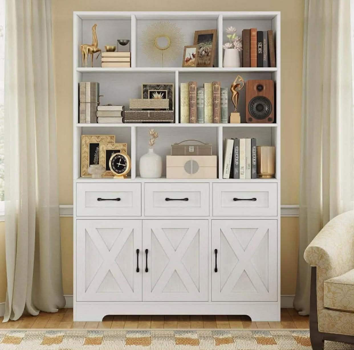Bookshelf with Drawers & Doors, Tall Bookshelf with Storage, Bookcase with Cabinets