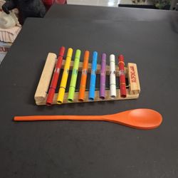 Xylophone 8 Colored & Numbered Metal Tubes Suspended On A Wood Frame W/An Orange Spoon To Use As A Mallet "Xilophono"