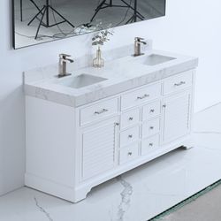 72-inch White Undermount Double Sink Bathroom Vanity with White Engineered Stone Top,
