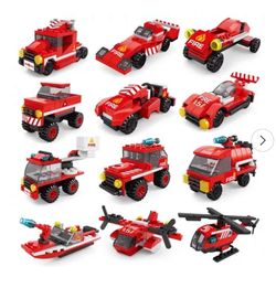 Fun Little Toys 12-Pack Firefighting Building Bricks, Fire Rescue Vehicles Mini Building Blocks