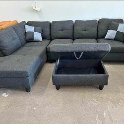 Brand New Grey Sectional With Storage Ottoman 