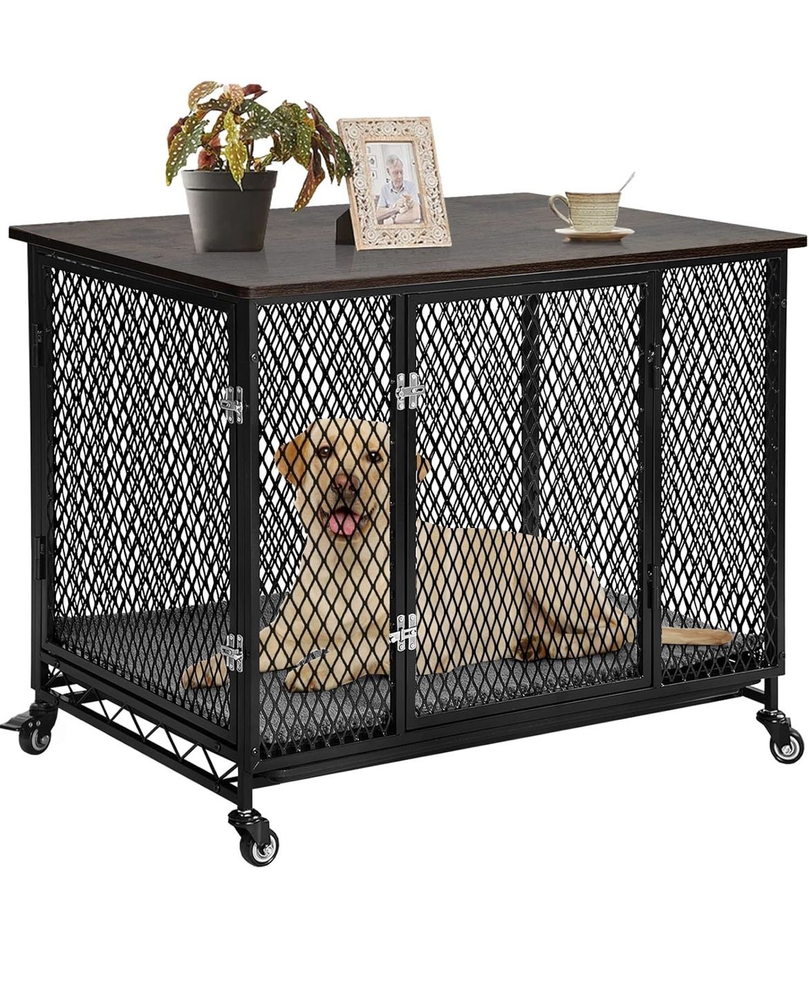 Dog Crate Furniture Movable Side End Table Indoor Dog Kennel for Small Medium Large Dogs Double-Doors Wooden Dog House with Cushion, Tray, Wire Floor(