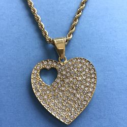 Ladies Sparkling Heart Pendant with Chain- Gold Bonded On Stainless Steel *Ship Nationwide Or Pickup Boca Raton
