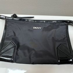 DKNY black satin clutch with patent leather trim