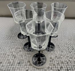 Luminarc Octime Black Stem Wine Glasses 8 Oz 8.25" Goblets Set of 5 France Vtg