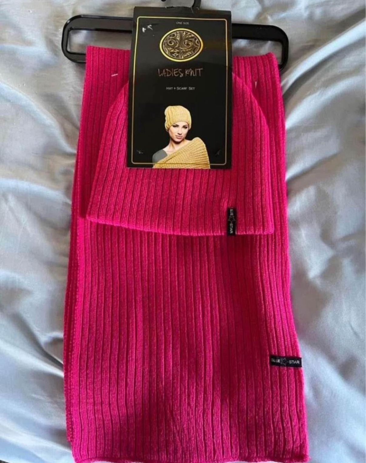 New - Blue Ladies Knit Hat & Scarf Set - Pink