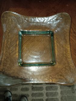 vintage handcrafted recycled art glass square serving dish or tray, commonly produced by makers like Vidrios San Miguel in Spain