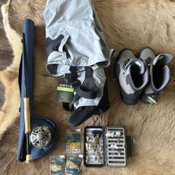 Brand New orvis Clearwater Waders And Boots. 9wt Fly Rod And Assortment Of If Freshwater Flies 