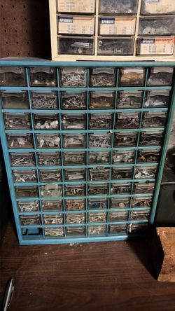 2 Vintage Parts Organizer Cabinets With Assorted Electronic Components