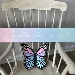“My Favorite Color is Rainbow” Pastel Wooden Sign + Pastel Monarch Butterfly Wall Decor