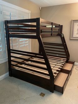 Solid wood sturdy twin bunkbed over full bunkbed w/ storage drawers