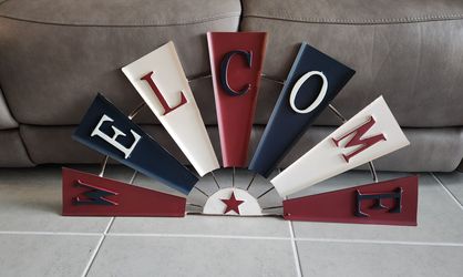 Patriotoc Glitzhome 32" Welcome Metal Wall Decor NEW Large Half Wind Spinner 4th of July