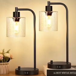 Set of 2 Industrial Table Lamps with 2 USB Port, Fully Stepless Dimmable Lamps for bedrooms, Bedside Nightstand Desk Lamps with Seeded Glass Shade for
