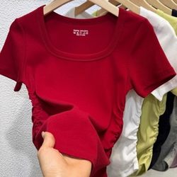 2025 Summer Collection - New Design Style Ruffled Square-neck Short-Sleeved T-Shirt for Women, Slim-Fitting, Visible Waistline, Shoulder-Encircling, R